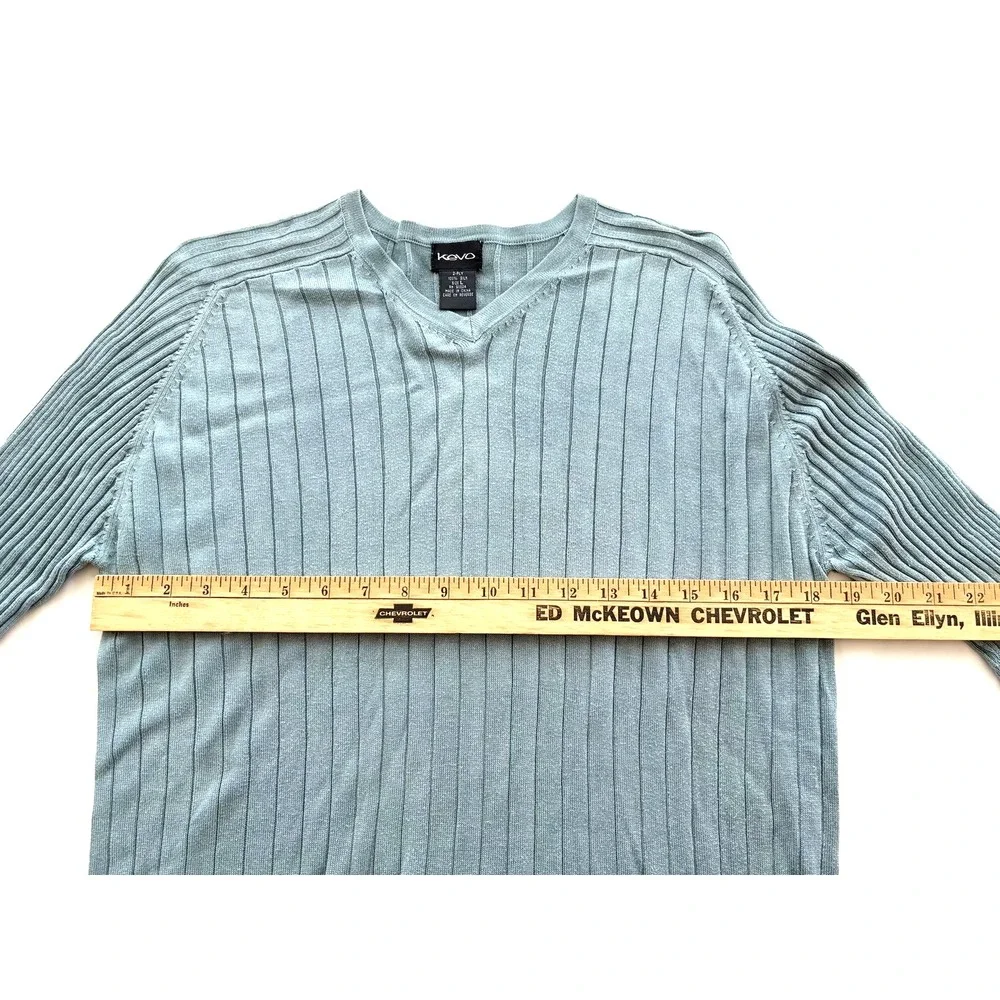 Kevo Sweater‎ Mens Large Blue 2-Ply 100% Silk Ribbed V Neck Pullover Lightweight - Picture 13 of 16